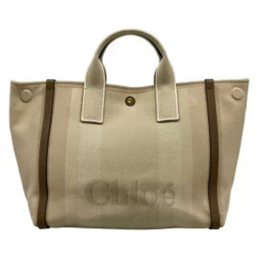 Chloe Carrie Tote Bag Beige Cream x Dark Brown Leather